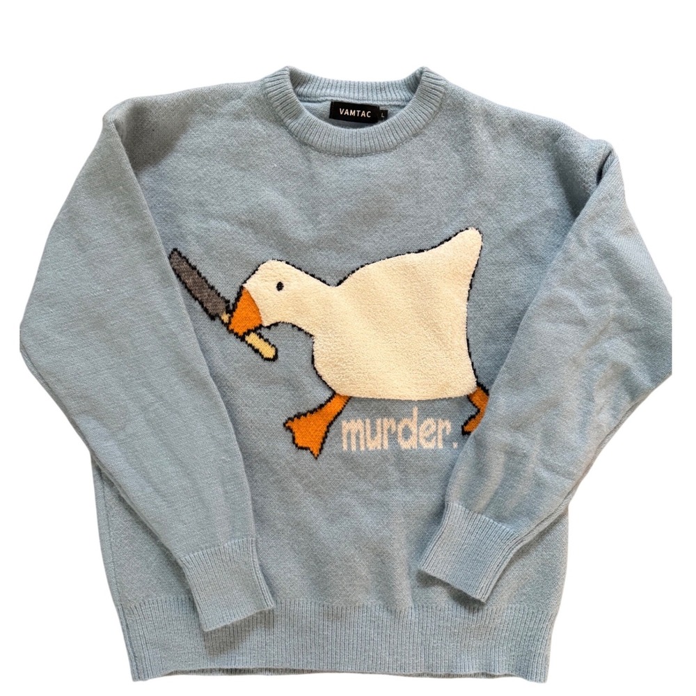 VAMTAC Goose Murder Knife Sweater Light Blue Crewneck Graphic Knit Large